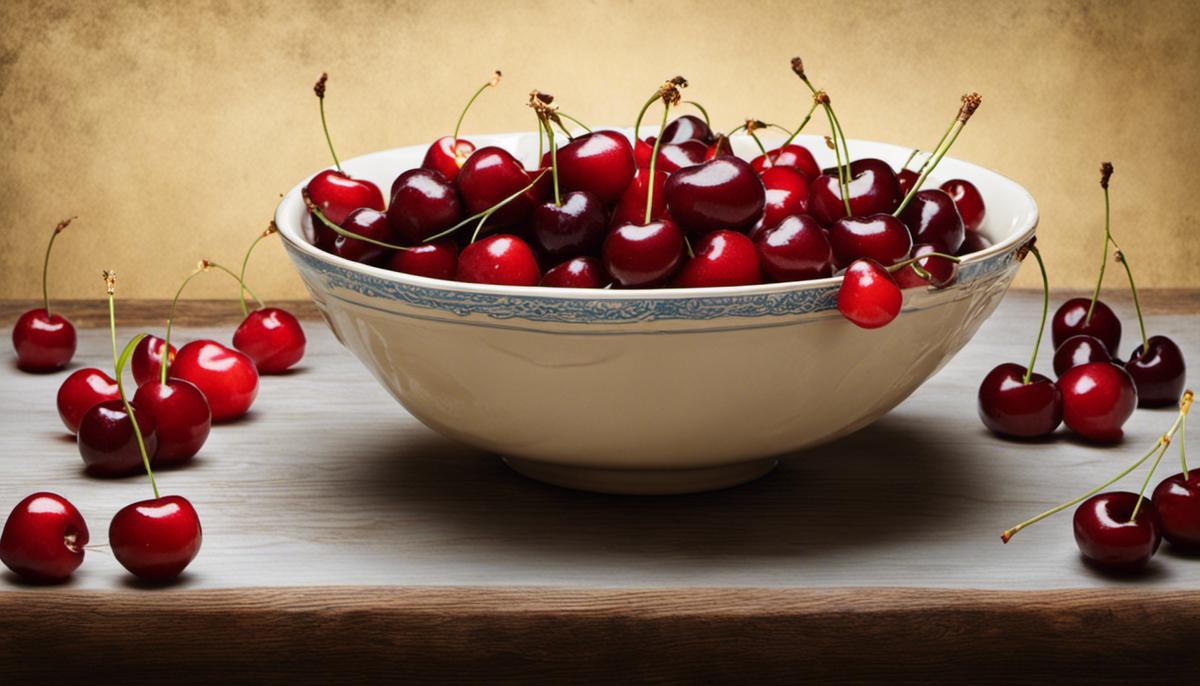 Image of a bowl of cherries and a peaceful sleeping person