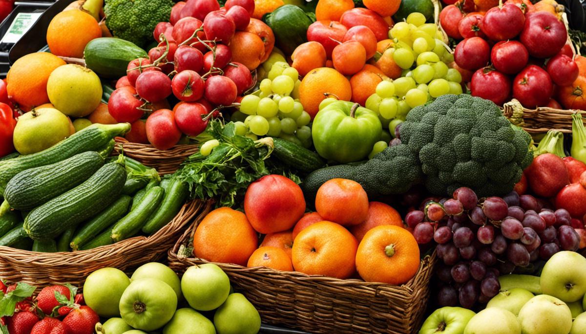 Picture of a variety of colorful organic fruits and vegetables on display at Costco.