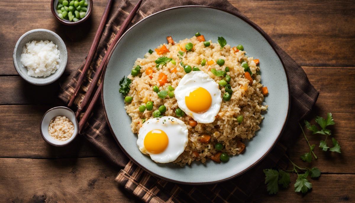 Image of a plate of fried rice with perfectly cooked eggs on top.