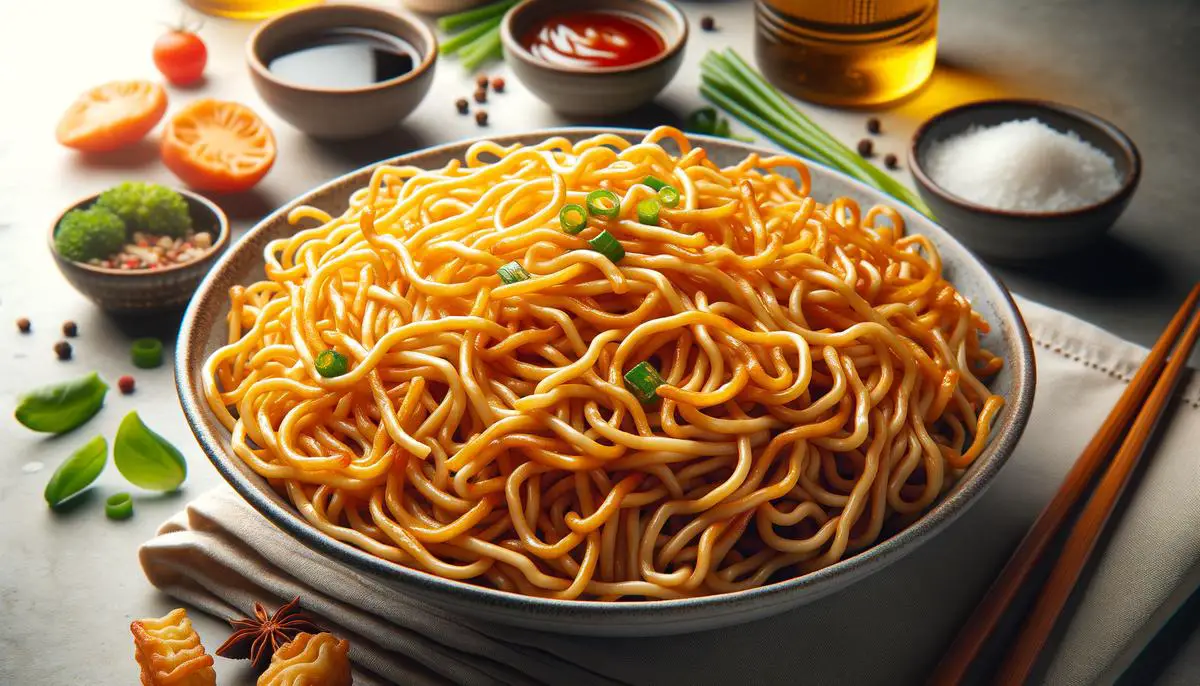 An image of perfectly crispy Hong Kong Style Chow Mein noodles with a golden hue and slightly crispy edges