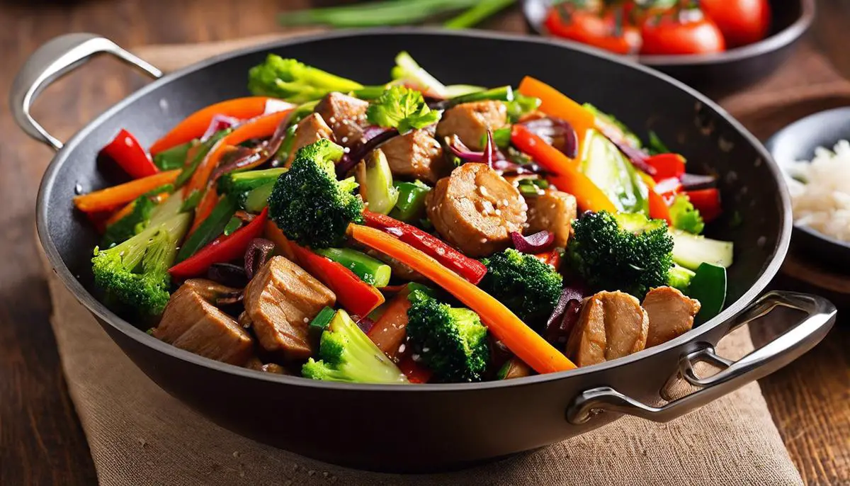 A colorful stir-fry in a sizzling hot wok, showcasing fresh vegetables, cooked protein, and aromatic spices.
