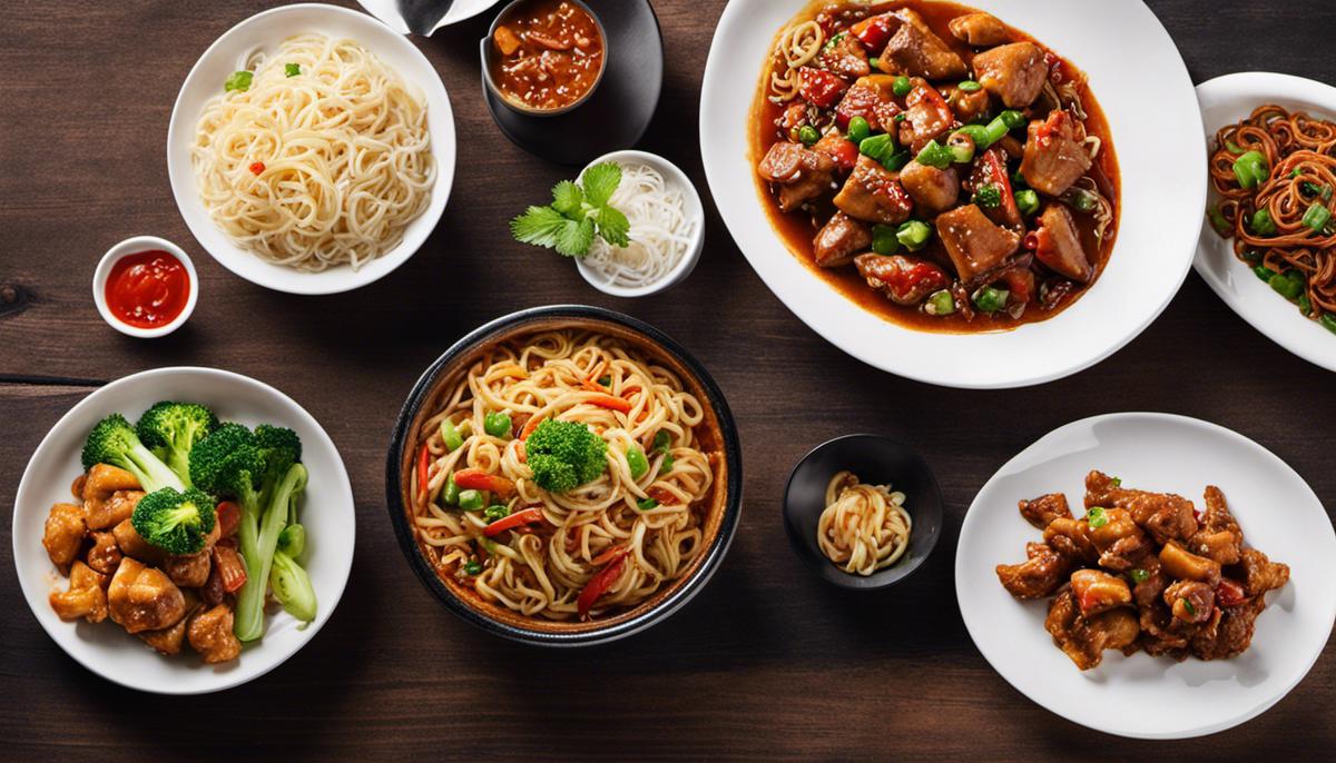 A plate of popular halal Chinese dishes including Kung Pao Chicken, Chinese Beef Stir-Fry, and Shanghai Style Fried Noodles.