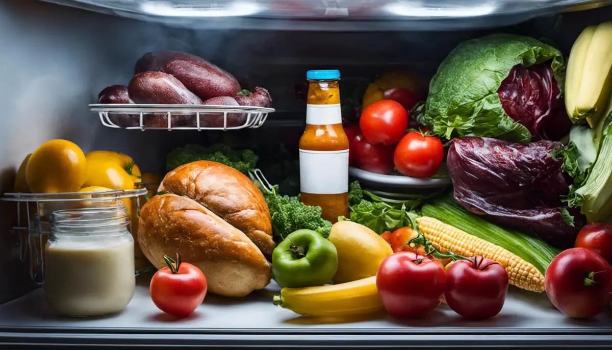 Image of food items in a refrigerator during a power outage, illustrating the importance of evaluating food safety after an outage.
