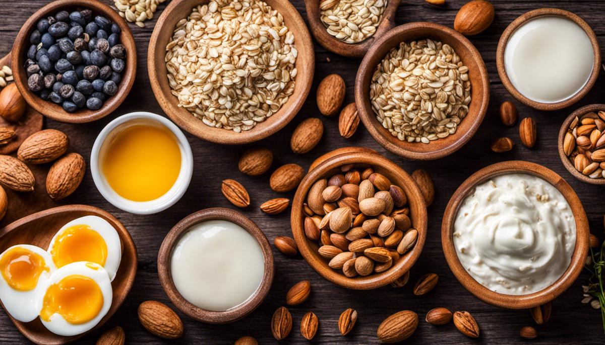 A colorful image of various high protein breakfast ingredients, such as eggs, Greek yogurt, oats, nuts, and seeds, arranged in an appealing manner.