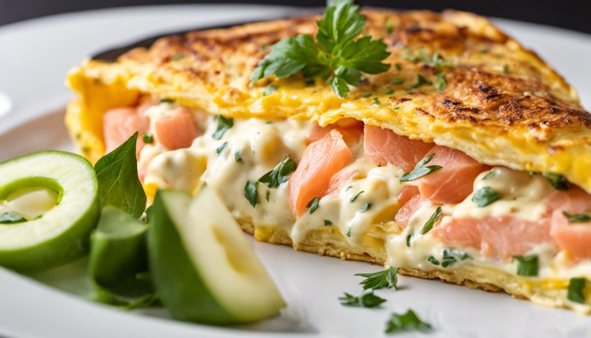 A delicious omelet filled with grilled chicken, smoked salmon, and full-fat cheese.