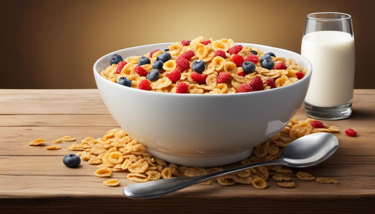 A bowl of regular cereals with milk and a spoon, depicting a typical breakfast meal.