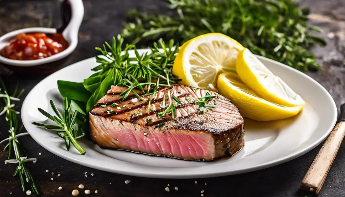Image description: A plate of cooked tuna steak with lemon slices and fresh herbs.