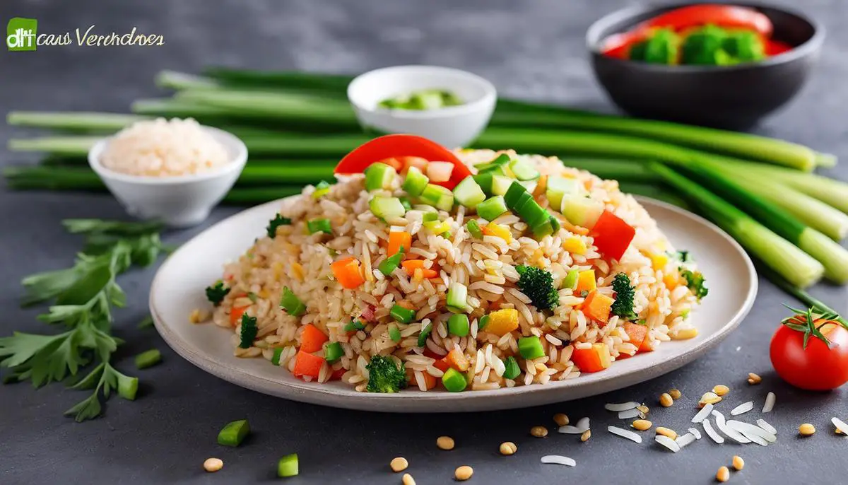 A delicious plate of simple fried rice, with fluffy grains of rice, colorful vegetables, and succulent pieces of protein, topped with green onions.