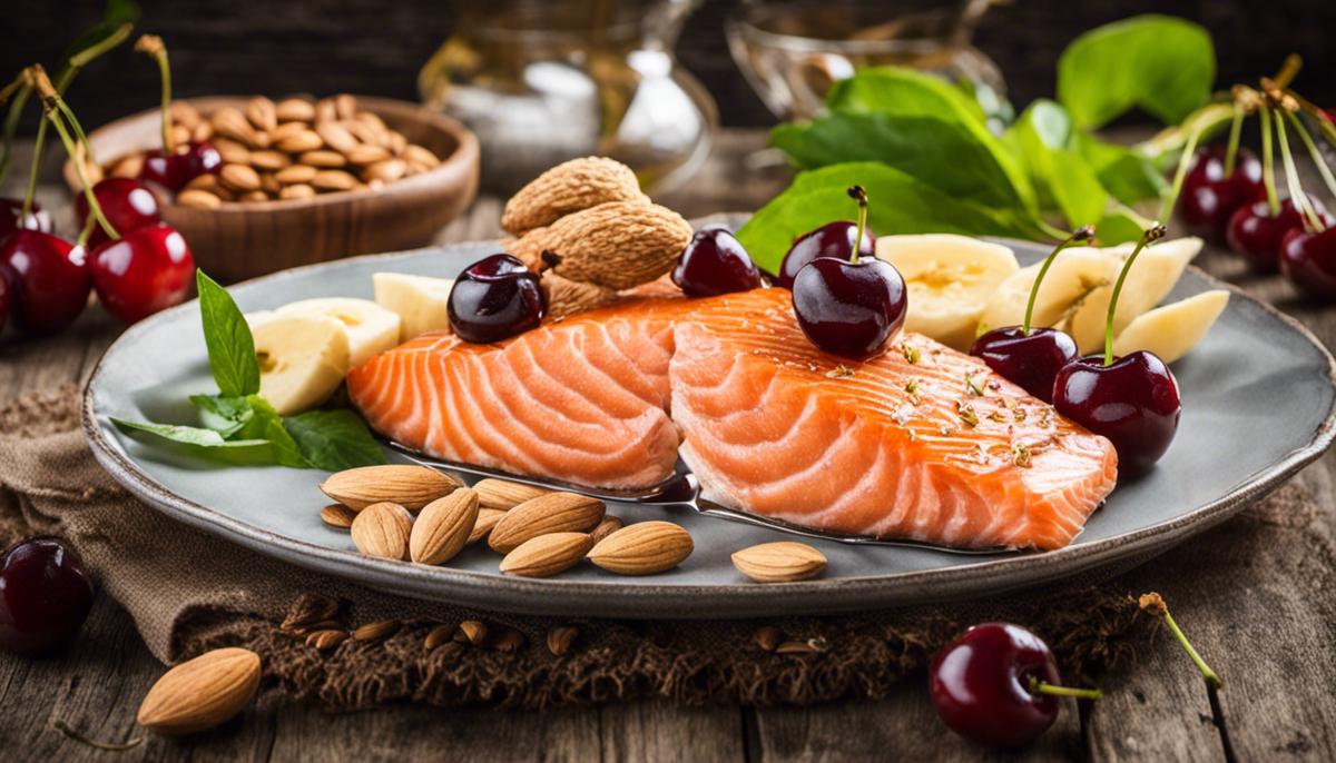 Image of a plate with various foods known to promote sleep, such as cherries, bananas, salmon, almonds, and whole grains.