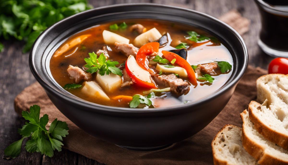 A bowl of hot sour soup with chunks of meat and vegetables, garnished with fresh herbs and a side of rustic bread.