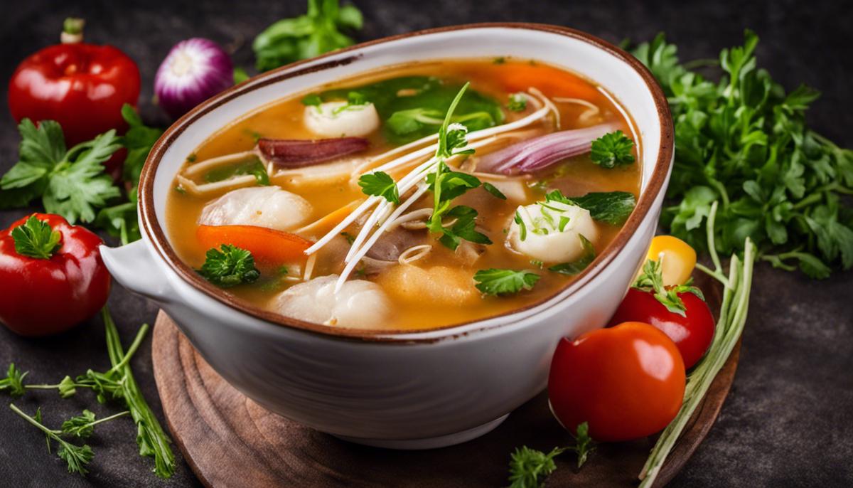 A bowl of sour soup garnished with fresh herbs and vegetables, representing the diversity and flavors of sour soup.