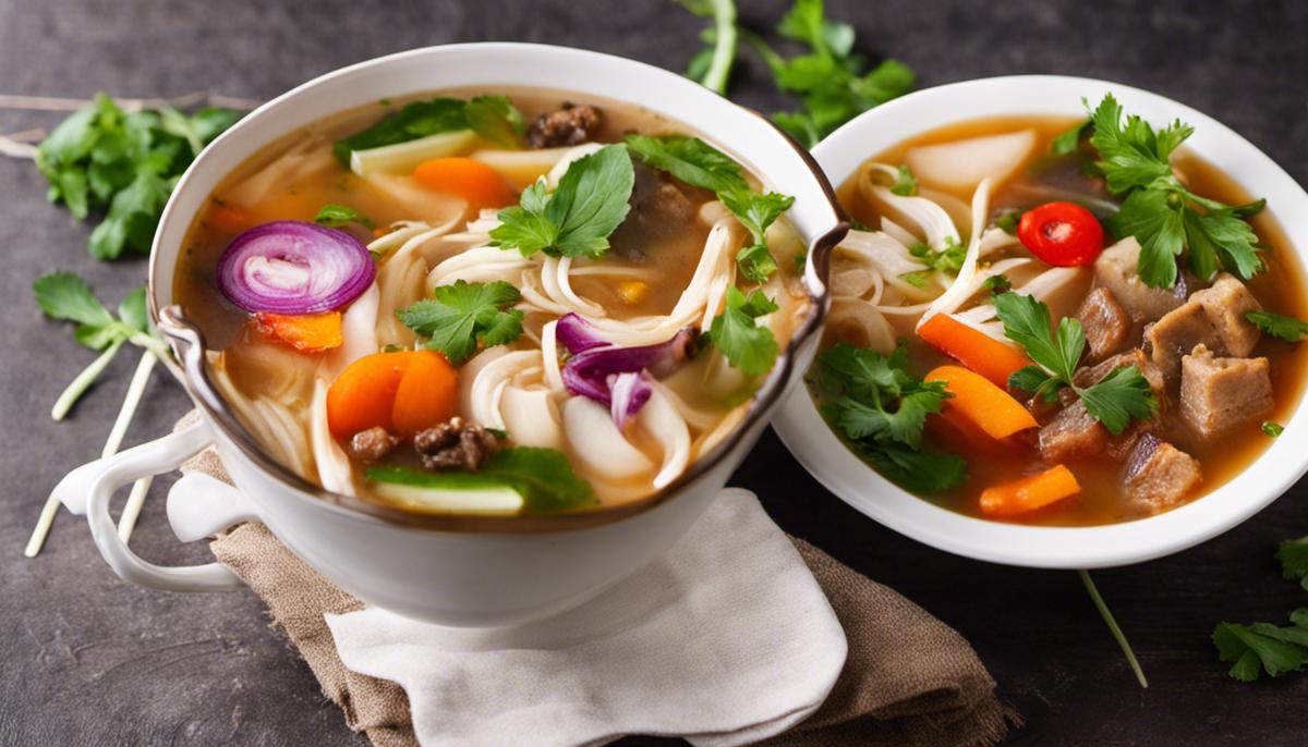 A bowl of sour soup with a tangy and aromatic broth, filled with colorful vegetables and herbs.