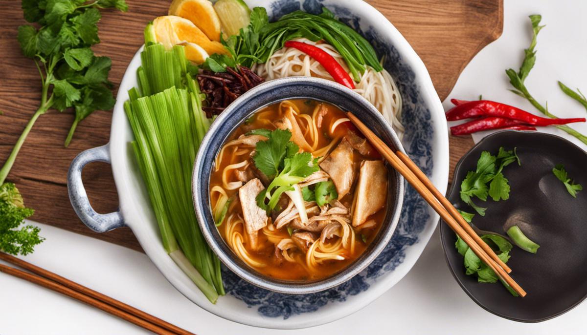 A bowl of sour soup with vibrant colors and fresh ingredients