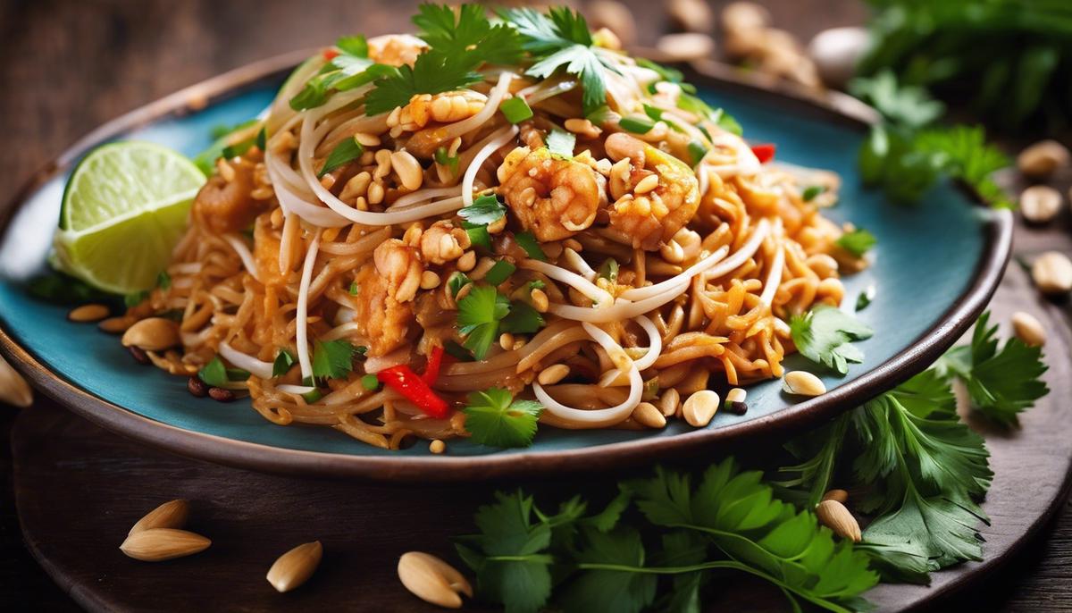 A close-up image of a delicious Pad Thai dish with vibrant colors, garnished with fresh herbs and peanuts.