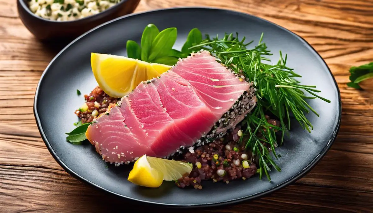 Image of a portion of tuna fish on a plate with a lemon slice and herbs, depicting a healthy meal during pregnancy.